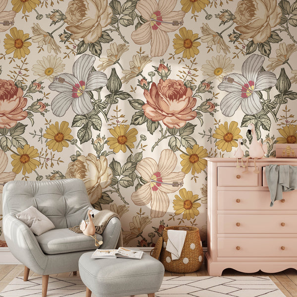 Large floral removable wallpaper with big flowers - perfect kids bedroom decor by Igibee