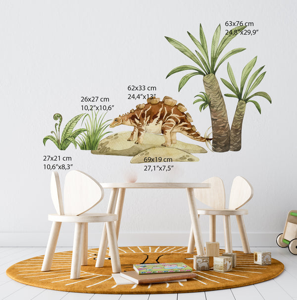 Large wall decals for kids featuring watercolor tropical bushes, green grass patches, and prehistoric jungle foliage.