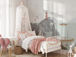Custom children's wallpaper with lighthouse harbor scene - personalized nautical wall covering for kids room by Igibee