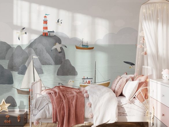 Port with lighthouse custom children's wallpaper - nautical themed room decor by Igibee