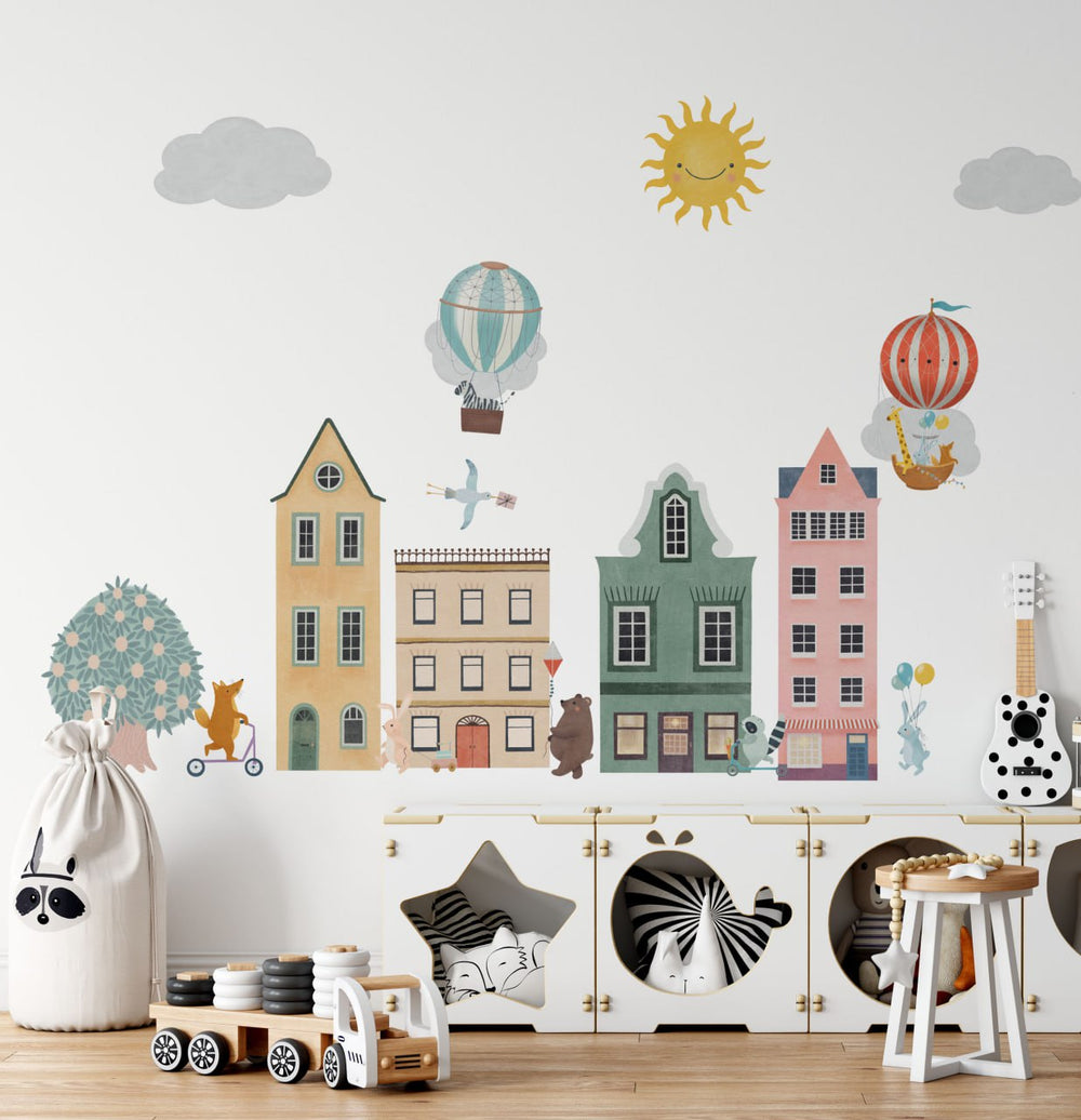 Magic Animal Town wall stickers - educational adventure scene for kids room by Igibee