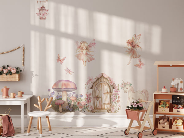 princess fairy tale wall decal, fairy castle nursery decal, whimsical girls decor, girls bedroom murals, girly fairy tale wall stickers, enchanted girls room art, dreamy fairies wall decal, fairytale fantasy mural, little princess wall stickers,