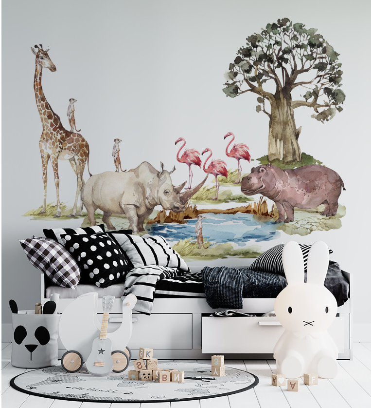 Rhinoceros, Hippopotamus, Giraffe, Flamingos and Meerkats wall stickers – gentle African safari animals in watercolor style, peel and stick nursery decor by Igibee