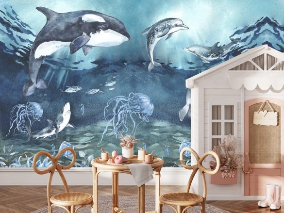 Marine Lagoon custom-sized wallpaper with dolphins - underwater themed wall covering for children's bedroom by Igibee