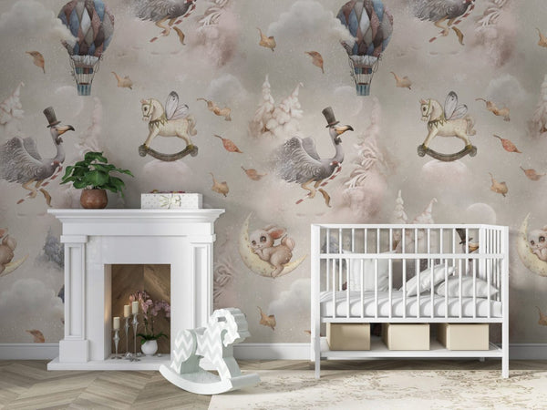 Whimsical dream animals wallpaper for kids bedroom by Igibee
