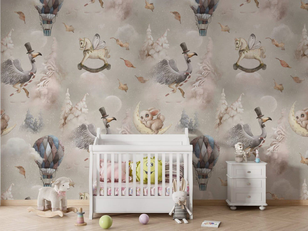 Land of dreams flying animals and balloons wallpaper for kids room by Igibee