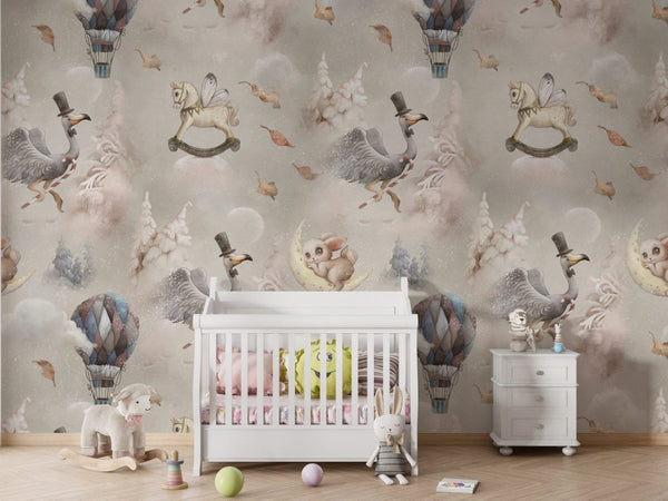 Land of dreams flying animals and balloons wallpaper for kids room by Igibee