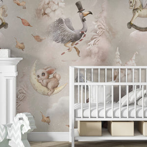 Dreamy wallpaper mural detail with flying balloons by Igibee