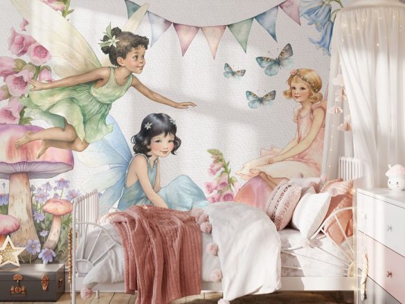 Meadow fairies wallpaper for child's room - magical design with enchanted fairy characters by Igibee