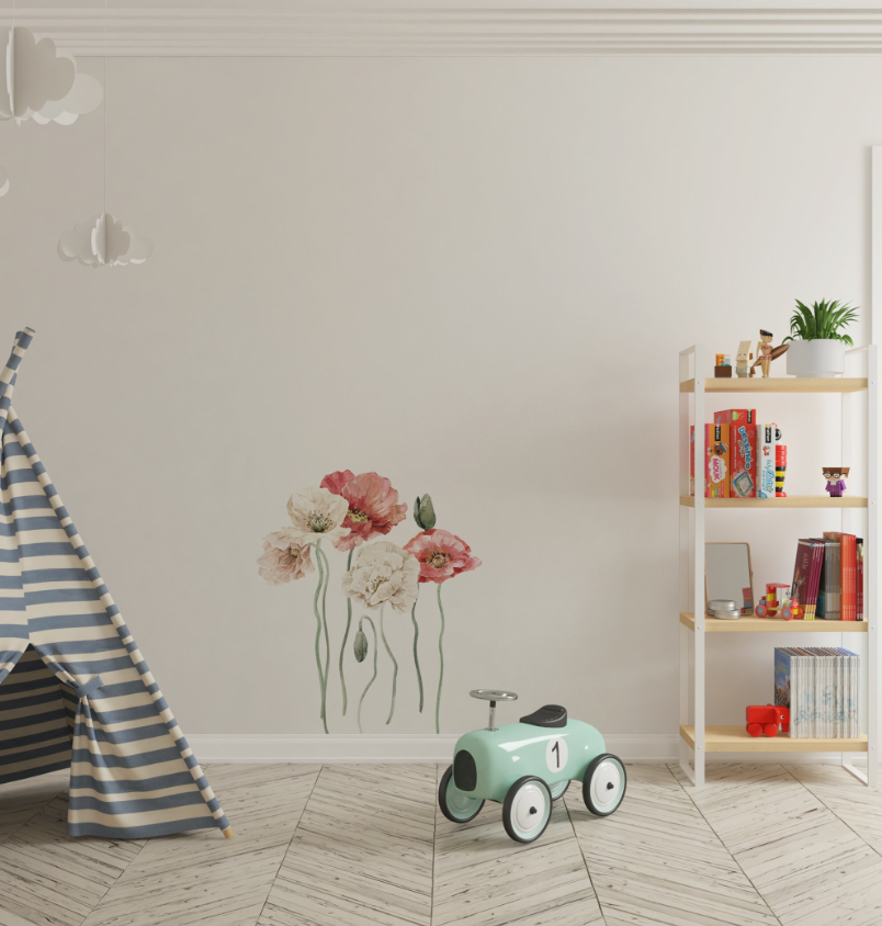 Poppies in the meadow floral wall stickers - beautiful red flowers nature elements for kids room by Igibee