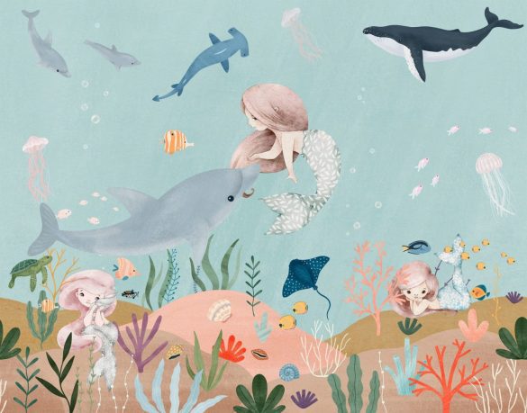 Mermaid with little dolphin wallpaper - underwater themed kids bedroom decor by Igibee