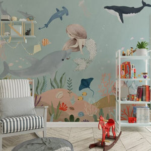 Mermaid with little dolphin wallpaper - underwater themed design for kids bedroom decor by Igibee