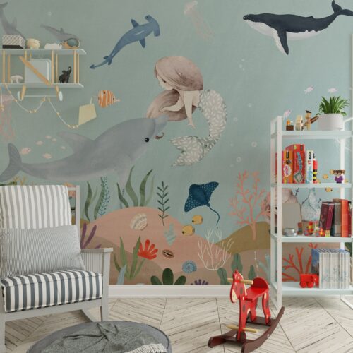 Mermaid with little dolphin wallpaper - underwater themed design for kids bedroom decor by Igibee