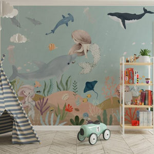 Mermaid with little dolphin kids wallpaper - underwater ocean theme for children's bedroom by Igibee
