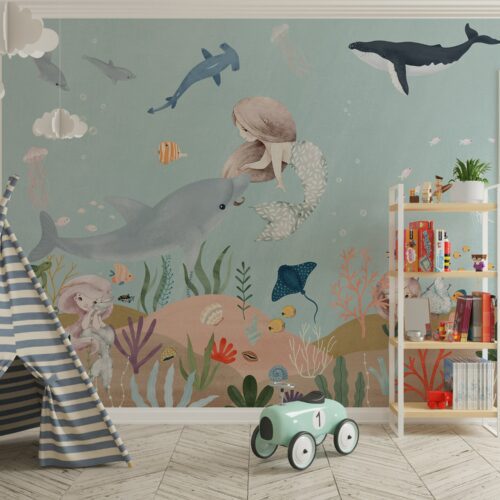 Mermaid with little dolphin kids wallpaper - underwater ocean theme for children's bedroom by Igibee