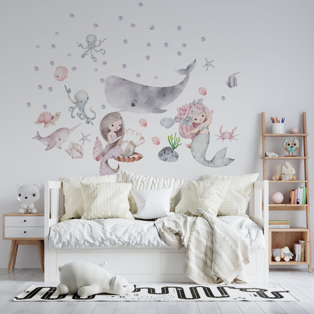 Adorable watercolor mermaid wall decal set featuring cute little mermaids, octopus, narwhal and sea turtle with colorful bubbles - mermaids wall decals Nursery wall decal Sea World Watercolour little mermaid ocean wall decal Sea World Ocean Wall Decal