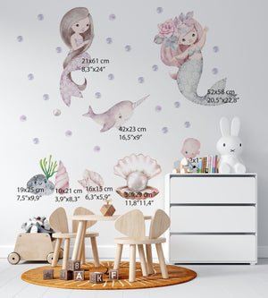 Dreamy little mermaid wall decal set with pink hair mermaids, crab, turtle and jellyfish - mermaids wall decals Nursery wall decal Sea World Watercolour little mermaid ocean wall decal Sea World Ocean Wall Decal