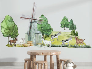 Mill and herd of goats farm animals wall stickers - rustic countryside scene for kids room by Igibee