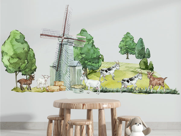 Mill and herd of goats farm animals wall stickers - rustic countryside scene for kids room by Igibee