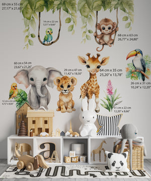 Safari nursery set with cute monkey giraffe elephant – large 130cm removable stickers set for kids room by Igibee