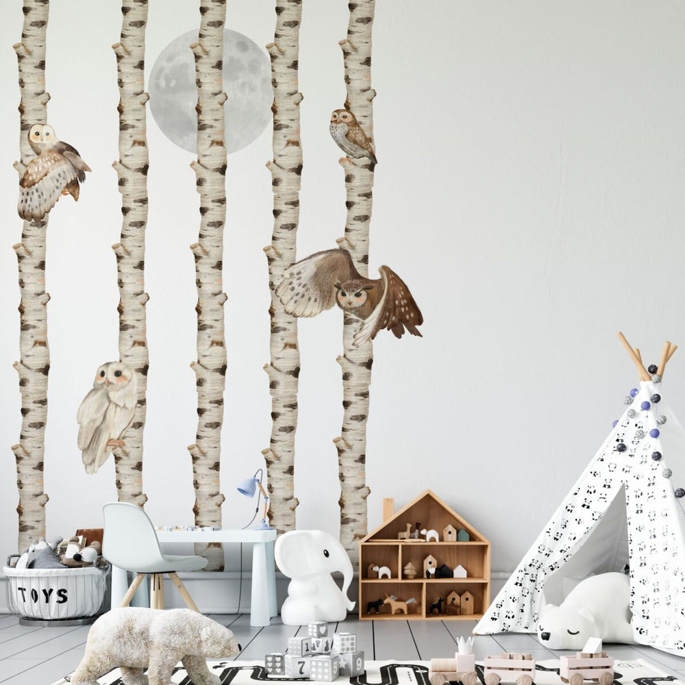 Owl and birch tree wall decals with a moon - woodland nursery wall stickers set by Igibee