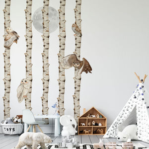 Wandsticker Eulen und Birken mit Mond – Woodland-Set fürs Kinderzimmer von Igibee