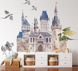 Castle and dragons wall decals in a child's room – fantasy castle, flying dragons and a knight on horseback