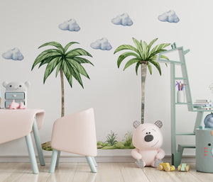Nature palm trees and fluffy clouds wall stickers - tropical elements for kids room decor by Igibee