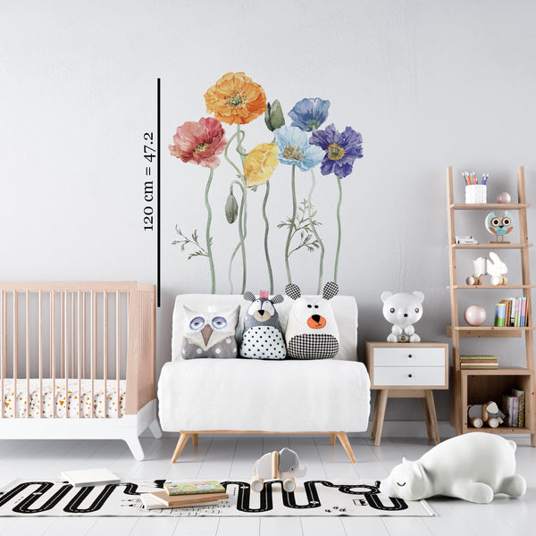 Nature poppy flowers wall decals - decorative floral set in 4 sizes for room decor by Igibee