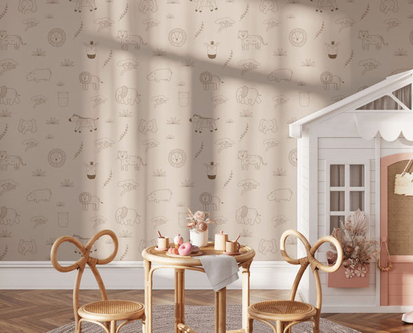 Gender-neutral safari wallpaper detail with lions and elephants by Igibee