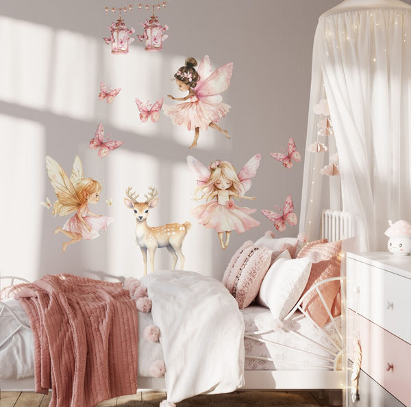 Fairy wall stickers with lanterns and flowers in a girl's room