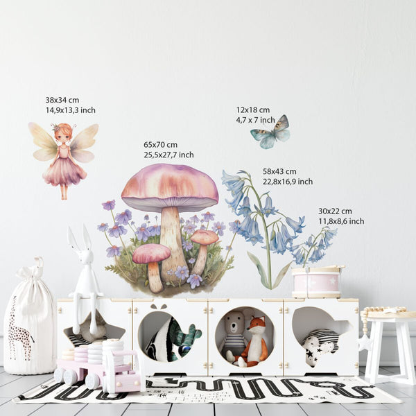Nursery decals with a fairy on a large mushroom and meadow flowers