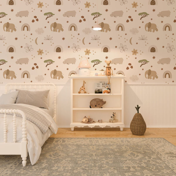 African safari animals repeating pattern wallpaper for kids room by Igibee