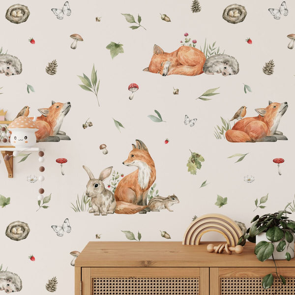 Sleeping foxes woodland wallpaper for kids room by Igibee