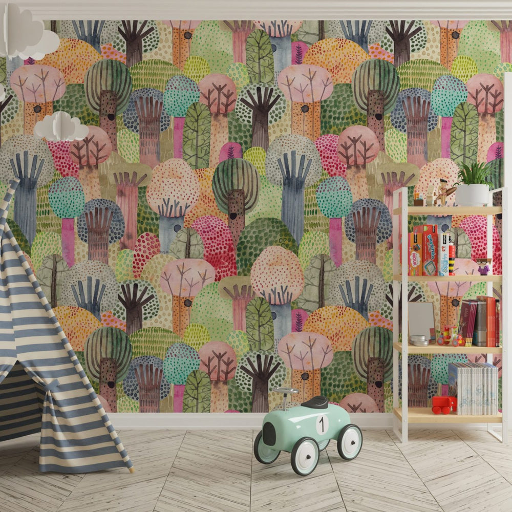 Colorful trees wallpaper for kids room by Igibee