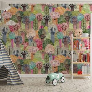 Colorful tree wallpaper mural in nursery room by Igibee