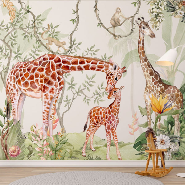 Giraffe family savanna wallpaper in nursery room by Igibee