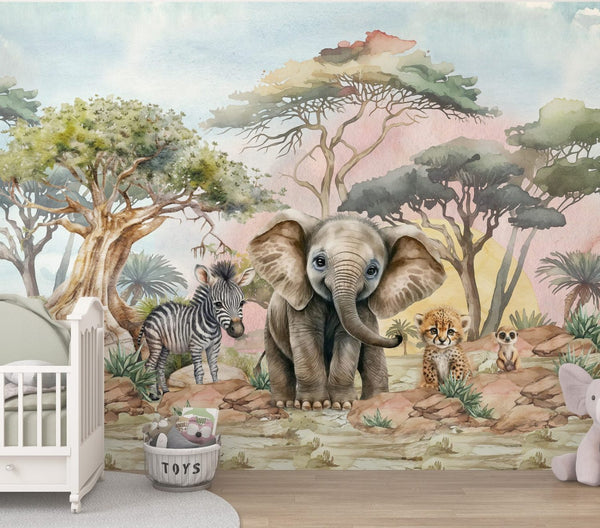 African savanna wallpaper detail with baby elephant and cheetah by Igibee