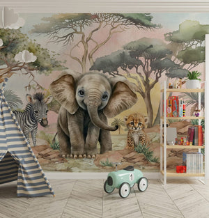 Savanna baby animals wallpaper for nursery room by Igibee