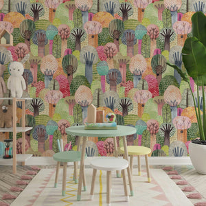 Colorful trees wallpaper detail for kids bedroom by Igibee