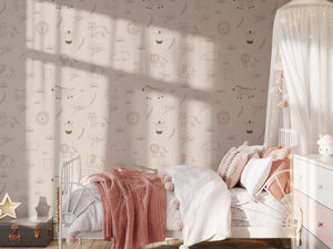 Neutral safari wallpaper mural in nursery room by Igibee