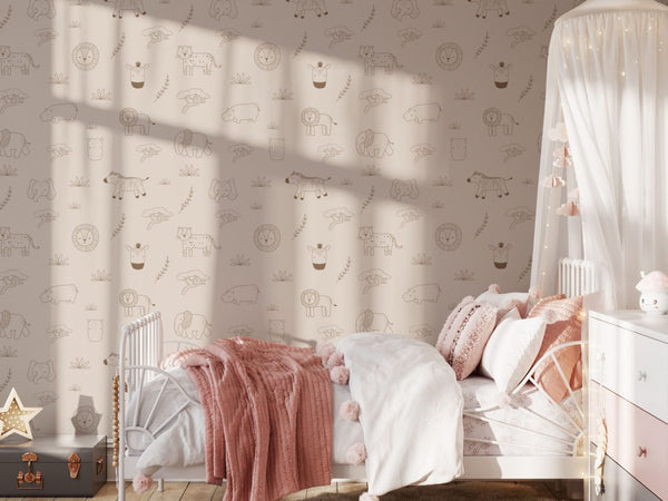 Neutral safari wallpaper mural in nursery room by Igibee