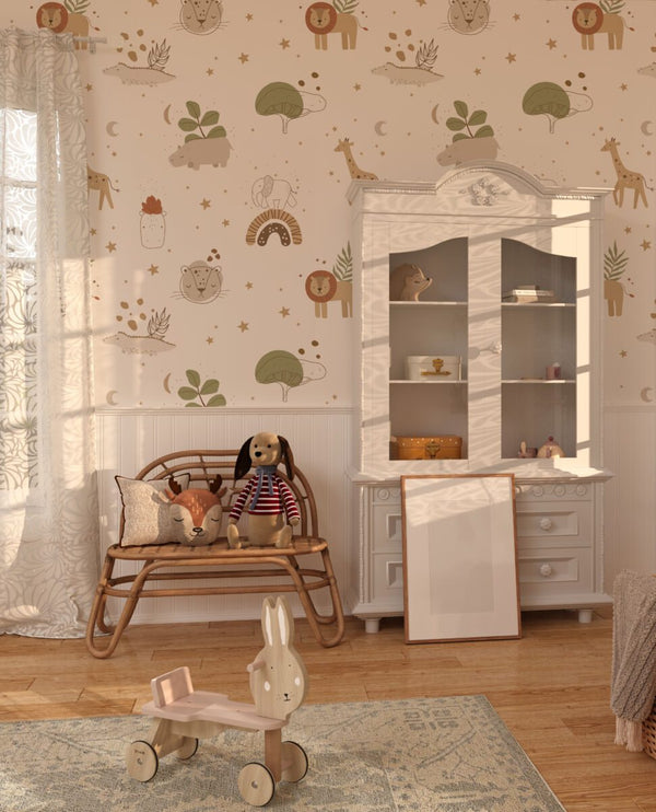 Safari animals wallpaper mural in nursery room by Igibee
