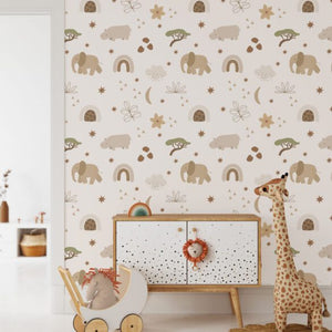 Safari kingdom beige jungle animals wallpaper for kids room by Igibee