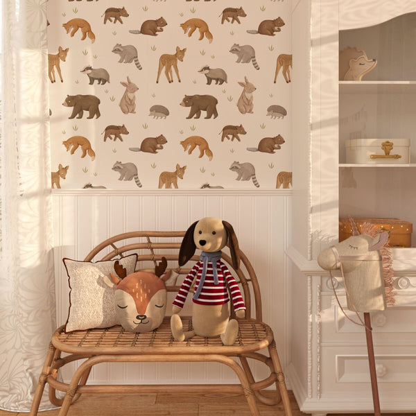 Forest animals watercolor wallpaper for nursery room by Igibee