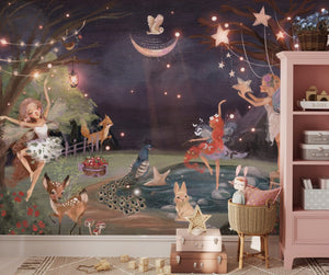 Woodland fairy wallpaper mural with animals by Igibee