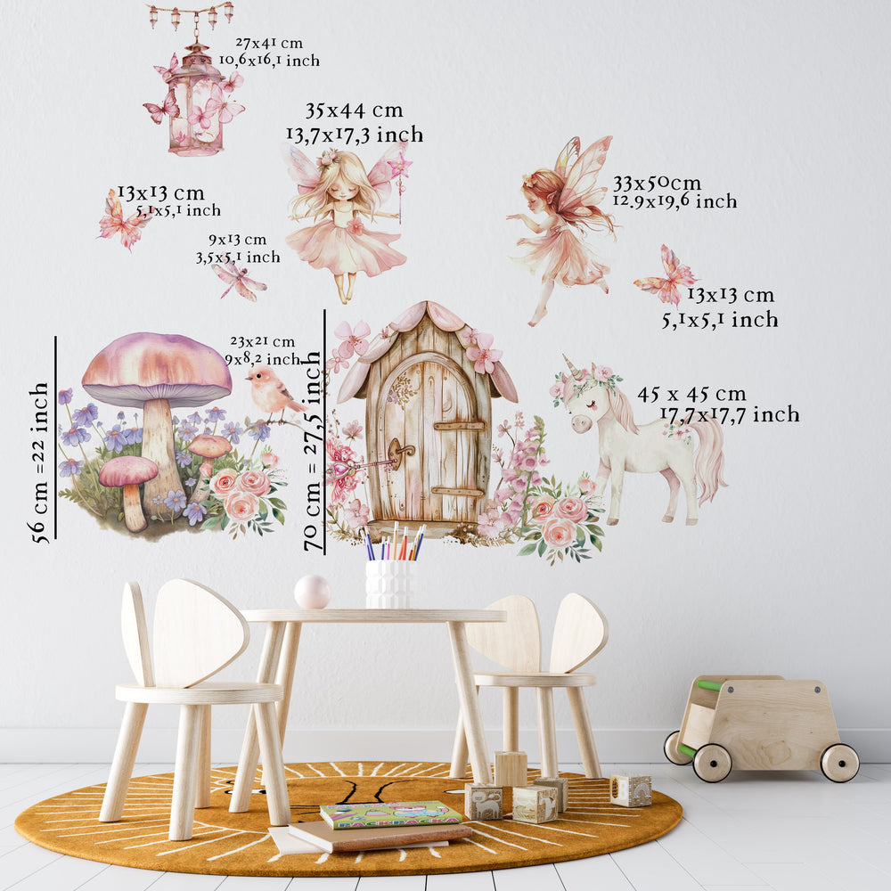 Fairy wall stickers for girls bedroom peel and stick, Fairy wall decals in pink colors for nursery room.Unicorn with fairies and magic doors wall sticker for a children&#39;s room.