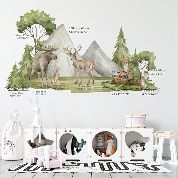 Woodland Wall Decals – Mountains, Forest Trees and animals