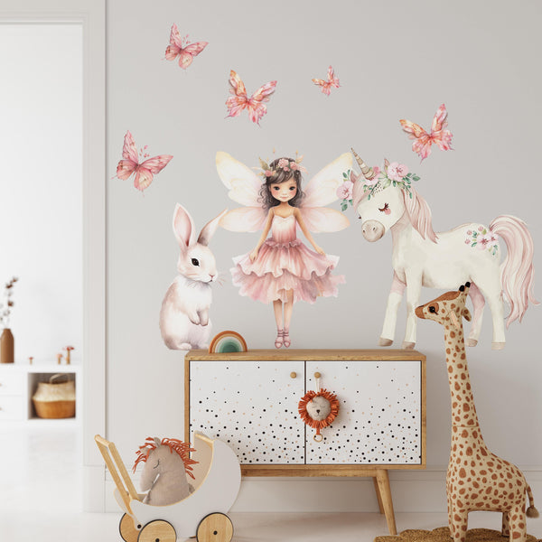 kids mural stickers, pink fairy nursery decal, fantasy princess stickers, fairy bedroom stickers, kids room fairy mural, girly room fairy sticker, whimsical fairy tale wall decal, cute fairy decor, enchanted wall art, girls mural stickers,
