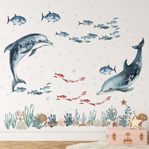 Dolphin and coral reef wall decals - under the sea ocean nursery wall stickers set by Igibee